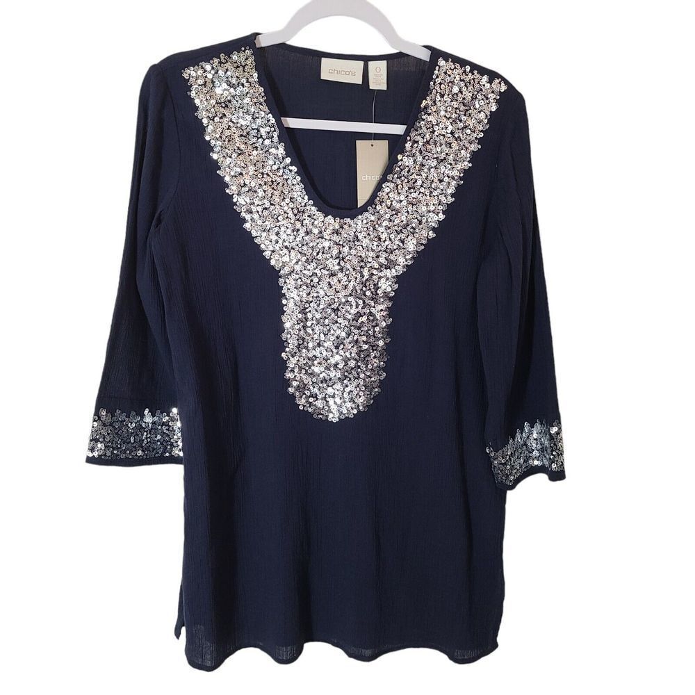 Chico's size 0 Small Midnight Shine Dina 3/4 sleeve gauzy top with‎ sequins NEW